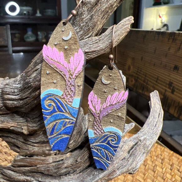 Surfboard Mermaid Earrings wood dangle  Laser Engraved Ocean Moon - Picture 2 of 4